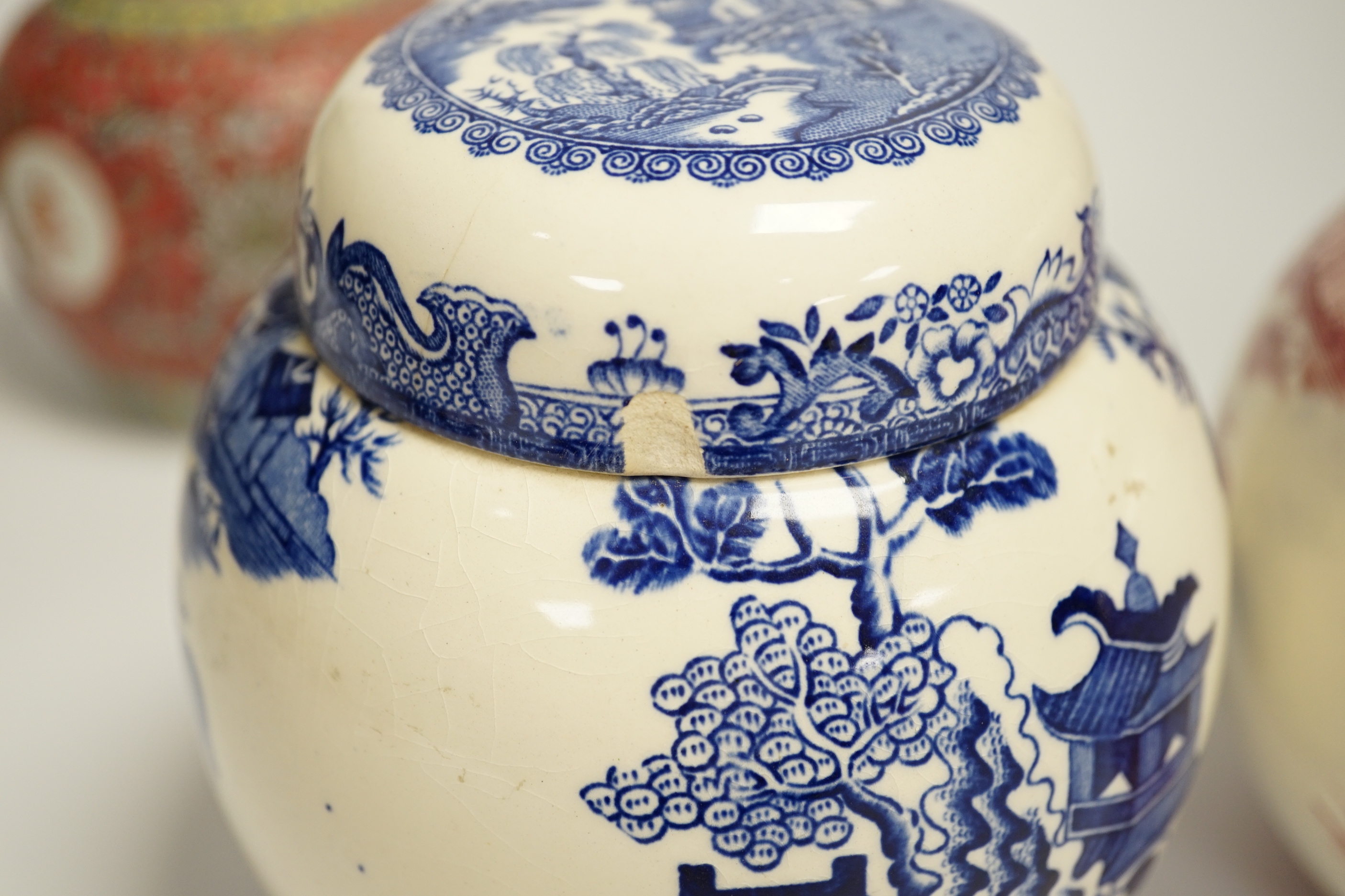 Two Chinese jars, and two Masons ironstone jars, three with covers, tallest 13cm high